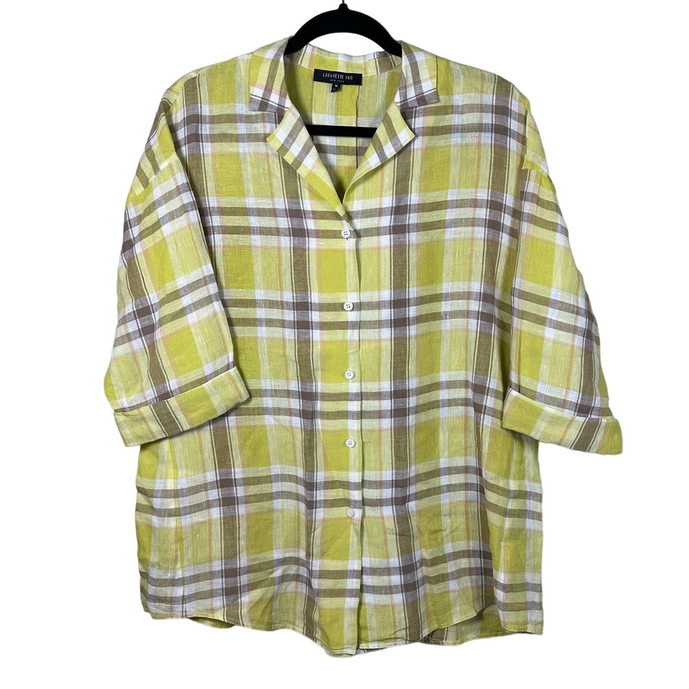 Lafayette 148 NY Plaid Linen Button Down Shirt 3/4 Sleeve Top Chartreuse M